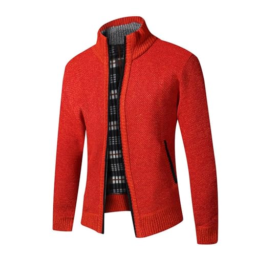 Herren Winter-Dicker Strickjacke Mode-Schlichter Pullover-Cardigan - Feinstrick,Stehkragen und Durchgehendem Reissverschluss,Fleece-Jacke, Warm,Trachtenjacke, Langarm Outdoor Männer Orange-Rot XL von Shuanghao