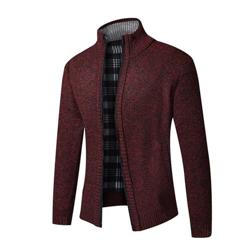 Herren Winter-Dicker Strickjacke Mode-Schlichter Pullover-Cardigan - Feinstrick,Stehkragen und Durchgehendem Reissverschluss,Fleece-Jacke, Warm,Trachtenjacke, Langarm Outdoor Männer Weinrot L von Shuanghao