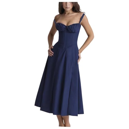 Shuanghao Boho Sexy Sommerkleid Strandkleid Damen A Linie Langes Dress äRmellos SpaghettiträGer Freizeitkleid Schlitz Urlaub Cocktail Party Hochzeitsgast Camisole Kleider Sommer Marineblau M von Shuanghao