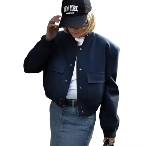 Shuanghao Damen Kurz Dünne Bomberjacke Classics Ladies Einfarbig Varsity Bomber Sweat Jacket Leichte Pilotenjacke Kurzjacke Damenjacke Herbst Frühling College Jacket Sweatshirt mit Tasche Marineblau S von Shuanghao