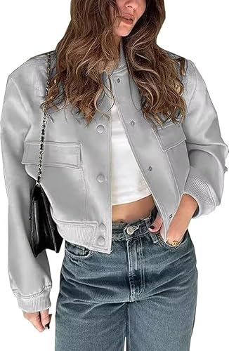 Shuanghao Damen Kurz Dünne Bomberjacke Classics Ladies Einfarbig Varsity Bomber Sweat Jacket Leichte Pilotenjacke Kurzjacke Damenjacke Herbst Frühling College Jacket Sweatshirt mit Tasche Grau M von Shuanghao