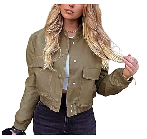 Shuanghao Damen Kurz Dünne Bomberjacke Classics Ladies Einfarbig Varsity Bomber Sweat Jacket Leichte Pilotenjacke Kurzjacke Damenjacke Herbst Frühling College Jacket Sweatshirt mit Tasche Green S von Shuanghao