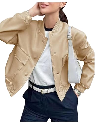Shuanghao Damen Kurz Classics Dünne Bomberjacke Ladies Einfarbig Varsity Bomber Sweat Jacket Pilotenjacke Leichte Kurzjacke Damenjacke College Herbst Frühling Jacket Sweatshirt mit Tasche Khaki M von Shuanghao