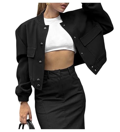 Shuanghao Damen Kurz Dünne Bomberjacke Classics Ladies Einfarbig Varsity Bomber Sweat Jacket Leichte Pilotenjacke Kurzjacke Damenjacke Herbst Frühling College Jacket Sweatshirt mit Tasche Schwarz M von Shuanghao