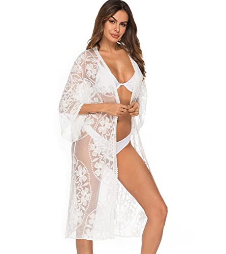 Shuanghao Damen Sommer Swimwear Beachwear Bikini Pareos Cover Up Strandkleider Leichte Spitze Lange Sexy Elegant Bademode Badeanzug Beach Kleider Tunika Shirt Boho Kimono Cardigan Damen von Shuanghao