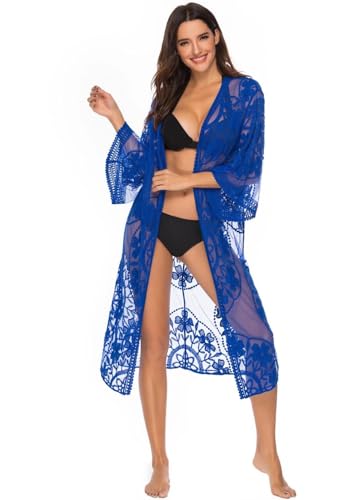 Shuanghao Damen Strandkleider Swimwear Beachwear Bikini Pareos Leichte Spitze Sexy Elegant Bademode Badeanzug Cover Up Sommer Beach Lange Kleider Tunika Shirt Boho Damen Kimono Cardigan von Shuanghao