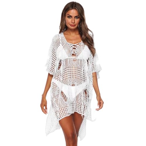 Shuanghao Damen Strandkleider Swimwear Beachwear Leichte Bikini Pareos Bademode Badeanzug Cover Up Kurze Kleider Spitze Sexy Elegant Boho Rückenfrei V-Ausschnitt Sommer Beach Tunika Damen von Shuanghao