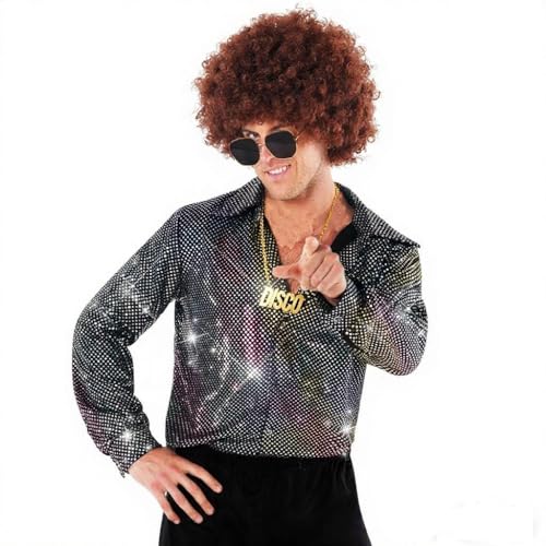 Shuanghao Herren-70er Jahre-Retro Disco-Hippie Partei - Halloween Weihnachten Kostüm 4pcs:Glitzer Hemd+Perücke+Sonnenbrille+Halskette 80er Schlagermove Rock Star Cosplay Fasching Karneval Kostüm XXL von Shuanghao