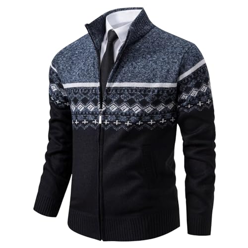 Shuanghao Herren Herbst-Winter Strick-Pulli Sweatshirt-Jacke Cardigan - Freizeit-Mode Klassische Fleece-Futter Warme Bequeme Outdoor Männer Hoher Kragen-Strickmuster-Jacke Pulliover Mantel Blau L von Shuanghao