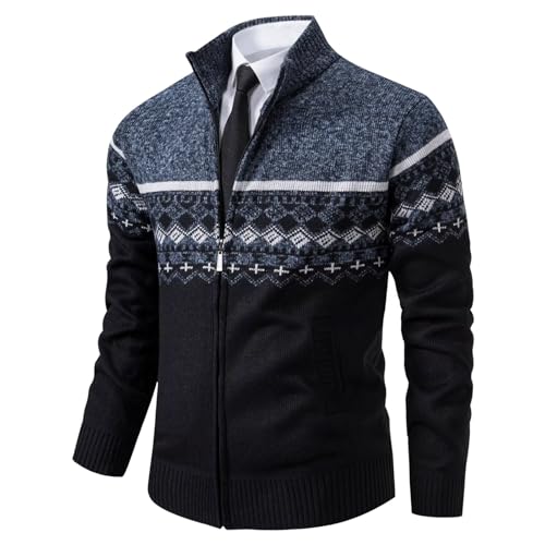 Shuanghao Herren Herbst-Winter Strick-Pulli Sweatshirt-Jacke Cardigan - Freizeit-Mode Klassische Fleece-Futter Warme Bequeme Outdoor Männer Hoher Kragen-Strickmuster-Jacke Pulliover Mantel Blau XS von Shuanghao