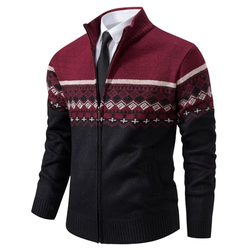 Shuanghao Herren Herbst-Winter Strick-Pulli Sweatshirt-Jacke Cardigan - Freizeit-Mode Klassische Fleece-Futter Warme Bequeme Outdoor Männer Hoher Kragen-Strickmuster-Jacke Pulliover Mantel Rot S von Shuanghao