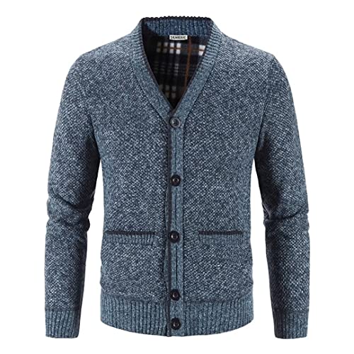 Shuanghao Herren Herbst-Winter Strick-Pulli Sweatshirt-Jacke Cardigan - Freizeit-Mode Klassische Fleece-Futter Warme Bequeme Outdoor Männer V-Ausschnitt Strick-Jacke Pulliover Mantel Blau L von Shuanghao