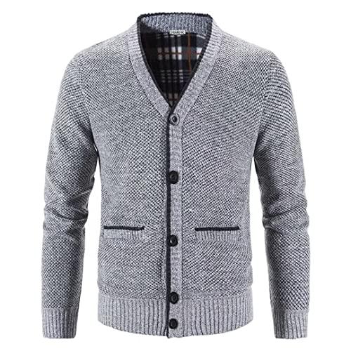 Shuanghao Herren Herbst-Winter Strick-Pulli Sweatshirt-Jacke Cardigan - Freizeit-Mode Klassische Fleece-Futter Warme Bequeme Outdoor Männer V-Ausschnitt Strick-Jacke Pulliover Mantel Hellgrau L von Shuanghao