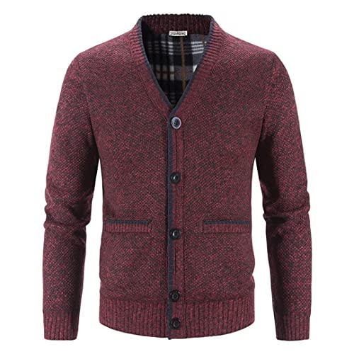 Shuanghao Herren Herbst-Winter Strick-Pulli Sweatshirt-Jacke Cardigan - Freizeit-Mode Klassische Fleece-Futter Warme Bequeme Outdoor Männer V-Ausschnitt Strick-Jacke Pulliover Mantel Rot XL von Shuanghao