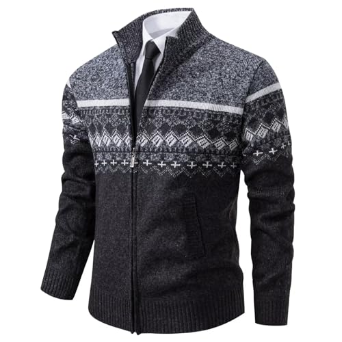 Shuanghao Herren Herbst-Winter Warme-Strick Sweatshirt-Jacke Cardigan - Pulliover Freizeit-Mode Klassische Fleece-Futter Bequeme Outdoor Männer Hoher Kragen-Strickmuster-Jacke Mantel Dunkelgrau XS von Shuanghao