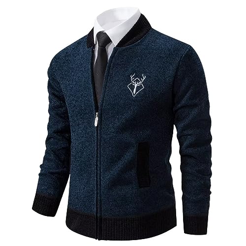 Shuanghao Herren Männer Strick-Jacken Cardigan Sweatshirt Sweater Pulli Hoher Kragen Stylischer Norweger Winter Warm Outdoor Dicke Fleece-Innenseite Strick Freizeit Pullover für Herren Blau L von Shuanghao