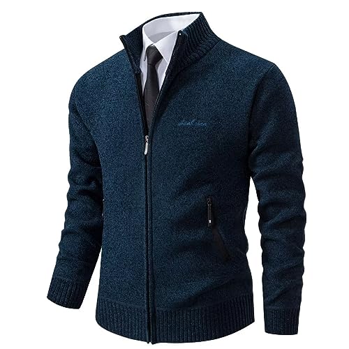 Shuanghao Herren Männer Strick-Jacken Cardigan Sweatshirt Sweater Pulli Hoher Kragen Stylischer Norweger Winter Warm Outdoor Dicke Fleece-Innenseite Strick Freizeit Pullover für Herren Blau M von Shuanghao