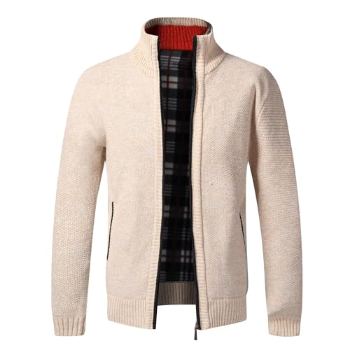 Shuanghao Herren Strickjacke Cardigan Dicker Pullover,Feinstrick,Stehkragen und Durchgehendem Reissverschluss,Fleece-Jacke, Warm,Trachtenjacke, Mode Schlichter,Langarm Outdoor Männer Beige XL von Shuanghao