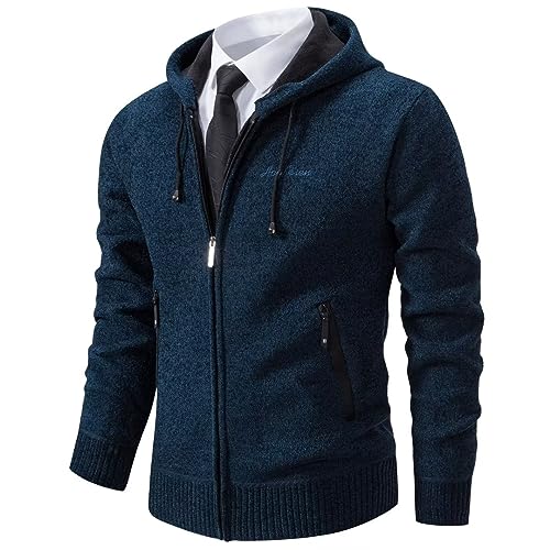 Shuanghao Männer Herren-Hoodie mit-Kapuze Pullover-Strickjacke Sweatshirt - Cardigan Freizeit Winter Warm Dicke Fleece-Innenseite Outdoor Kapuzenjacke Pulliover Strick-Jacken für Herren Blau L von Shuanghao