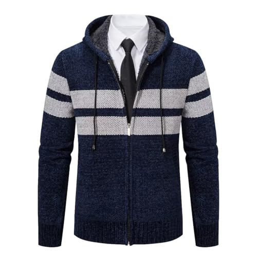 Shuanghao Männer Herren-Hoodie mit-Kapuze Pullover-Strickjacke Sweatshirt - Cardigan Freizeit Winter Warm Dicke Fleece-Innenseite Outdoor Kapuzenjacke Strick-Jacken für Herren Blau L（Streifen） von Shuanghao