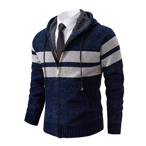 Shuanghao Männer Herren-Hoodie mit-Kapuze Pullover-Strickjacke Sweatshirt - Cardigan Freizeit Winter Warm Dicke Fleece-Innenseite Outdoor Kapuzenjacke Strick-Jacken für Herren Blau XL（Streifen） von Shuanghao