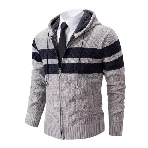 Shuanghao Männer Herren-Hoodie mit-Kapuze Pullover-Strickjacke Sweatshirt - Cardigan Freizeit Winter Warm Dicke Fleece-Innenseite Outdoor Kapuzenjacke Strick-Jacken für Herren Grau L（Streifen） von Shuanghao