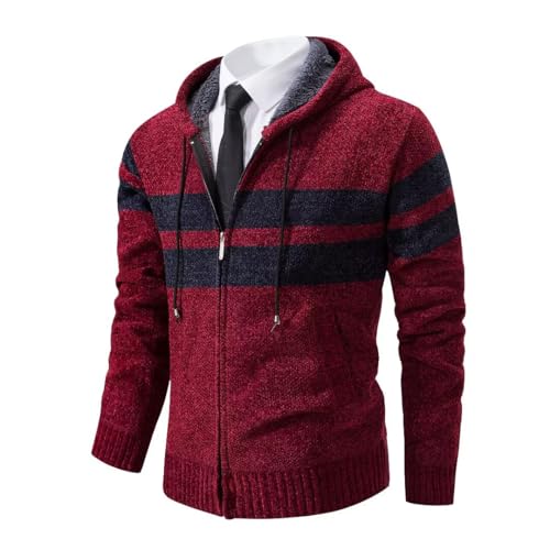 Shuanghao Männer Herren-Hoodie mit-Kapuze Pullover-Strickjacke Sweatshirt - Cardigan Freizeit Winter Warm Dicke Fleece-Innenseite Outdoor Kapuzenjacke Strick-Jacken für Herren Rot M（Streifen） von Shuanghao