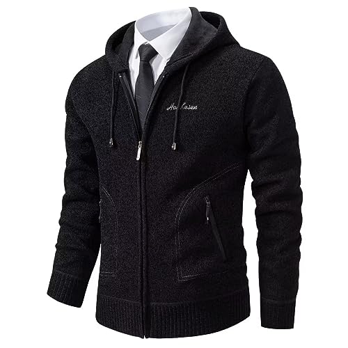 Shuanghao Männer Herren-Hoodie mit-Kapuze Pullover-Strickjacke Sweatshirt - Cardigan Freizeit Winter Warm Dicke Fleece-Innenseite Outdoor Kapuzenjacke Pulliover Strick-Jacken für Herren Schwarz M von Shuanghao