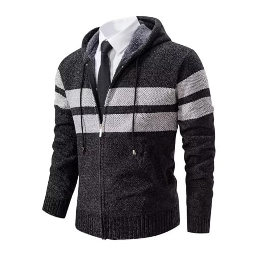 Shuanghao Männer Herren-Hoodie mit-Kapuze Pullover-Strickjacke Sweatshirt - Cardigan Freizeit Winter Warm Dicke Fleece-Innenseite Outdoor Kapuzenjacke Strick-Jacken für Herren Grau XS（Streifen） von Shuanghao