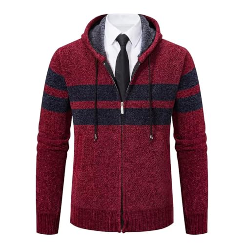 Shuanghao Männer Herren-Hoodie mit-Kapuze Pullover-Strickjacke Sweatshirt - Cardigan Freizeit Winter Warm Dicke Fleece-Innenseite Outdoor Kapuzenjacke Strick-Jacken für Herren Rot S（Streifen） von Shuanghao