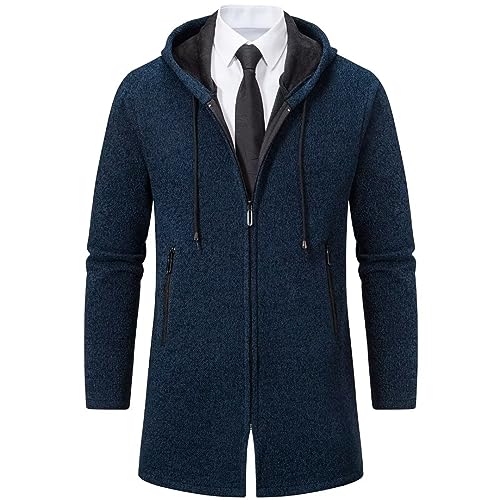 Shuanghao Männer Herren-Hoodie mit-Kapuze Pullover-Strickjacke Sweatshirt - Langer Cardigan Freizeit Winter Warm Dicke Fleece-Innenseite Outdoor Pulliover Strick-Kapuzenjacke für Herren Blau L von Shuanghao