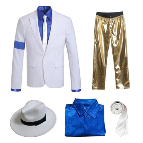 Shuanghao Streifen AnzugJacke+Pants+Shirt+Hut+Tie Outfit Kostüme für Erwachsene Kinder Weihnachten Halloween Cosplay Rollenspiel Partys Tänze Retro Punk Männer Frauen Weiss/Gold von Shuanghao