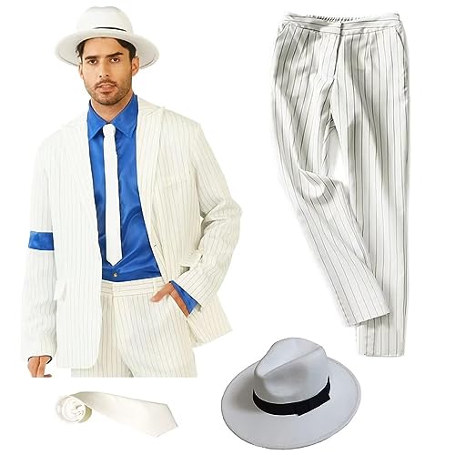 Shuanghao Michael Jacks**Billie Jean Outfit Kostüme für Erwachsene/Kinder Jungen Mädchen Weihnachten Halloween Cosplay Streifen Glatte Verbrecher Michael J Anzug Jacke+Pants+Shirt+Hut+Tie (Weißes 180 von Shuanghao