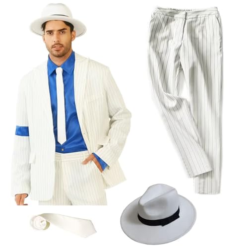 Shuanghao Streifen AnzugJacke+Pants+Shirt+Hut+Tie Outfit Kostüme für Erwachsene Kinder Weihnachten Halloween Cosplay Rollenspiel Partys Tänze Retro Punk Männer Frauen Weiss/Gold von Shuanghao