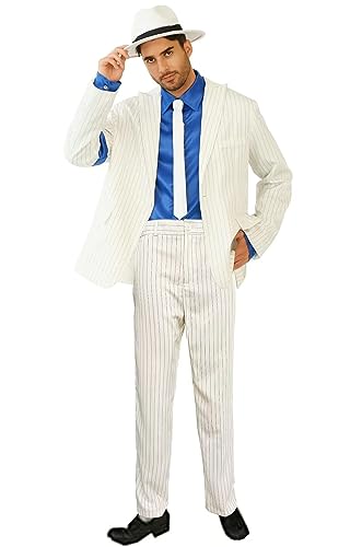 Shuanghao Michael Jacks**Billie Jean Outfit Kostüme für Erwachsene/Kinder Jungen Mädchen Weihnachten Halloween Cosplay Streifen Glatte Verbrecher Michael J Anzug Jacke+Pants+Shirt+Hut+Tie (Weißes 150 von Shuanghao