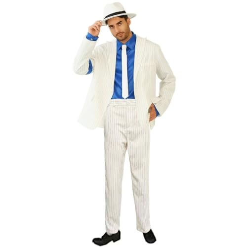Shuanghao Outfit Kostüme für Erwachsene Kinder Weihnachten Halloween Cosplay Rollenspiel Partys Tänze Retro Punk Männer Frauen Streifen AnzugJacke+Pants+Shirt+Hut+Tie (Weißes 130 von Shuanghao