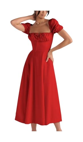 Shuanghao Elegantes Midi-Kleid mit Puffärmeln Elegant Boho Trägerkleid Quadratischer Ausschnitt Knöchellang Kleid Rot Small von Shuanghao