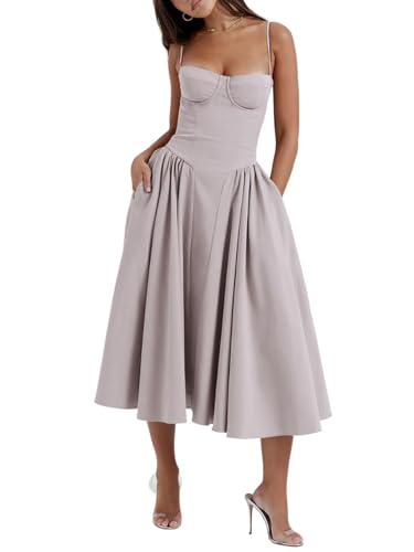 Shuanghao Sommerkleider für Damen Sexy Korsett Ärmellos Spaghettiträger Swing A-Linie Sonnenkleid Mit Taschen Chic Elegant Freizeitkleid Böhmisch Beach Midi Kleid Hellgrau M Shuanghao Sommerkleider für Damen Sexy Korsett Ärmellos Spaghettiträger Swing A-Linie Sonnenkleid Mit Taschen Chic Elegant Freizeitkleid Böhmisch Beach Midi Kleid Hellgrau M von Shuanghao