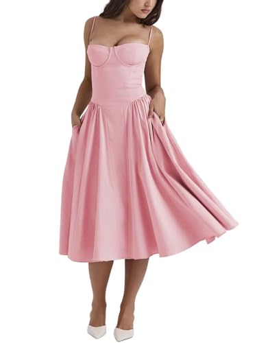 Shuanghao Sommerkleider für Damen Sexy Korsett Ärmellos Spaghettiträger Swing A-Linie Sonnenkleid Mit Taschen Chic Elegant Freizeitkleid Böhmisch Beach Midi Kleid Rosa M Shuanghao Sommerkleider für Damen Sexy Korsett Ärmellos Spaghettiträger Swing A-Linie Sonnenkleid Mit Taschen Chic Elegant Freizeitkleid Böhmisch Beach Midi Kleid Rosa M von Shuanghao