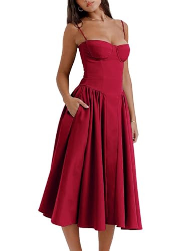 Shuanghao Sommerkleider für Damen Sexy Korsett Ärmellos Spaghettiträger Swing A-Linie Sonnenkleid Mit Taschen Chic Elegant Freizeitkleid Böhmisch Beach Midi Kleid Rot L Shuanghao Sommerkleider für Damen Sexy Korsett Ärmellos Spaghettiträger Swing A-Linie Sonnenkleid Mit Taschen Chic Elegant Freizeitkleid Böhmisch Beach Midi Kleid Rot L von Shuanghao
