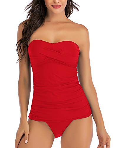 Shuangyu Bandeau-Tankini-Set für Damen, zweiteilig, gerüscht, Bauchkontrolle, Suimsuit mit mittlerer Taille, D-rot, Large von Shuangyu