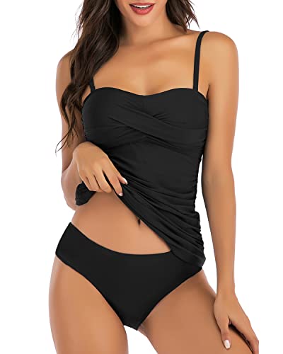 Shuangyu Damen Bandeau-Tankini-Set mit verdrehter Vorderseite, zweiteilig, gerüscht, Bauchkontrolle, Anzug mit mittlerer Taille, A-Schwarz, Large von Shuangyu