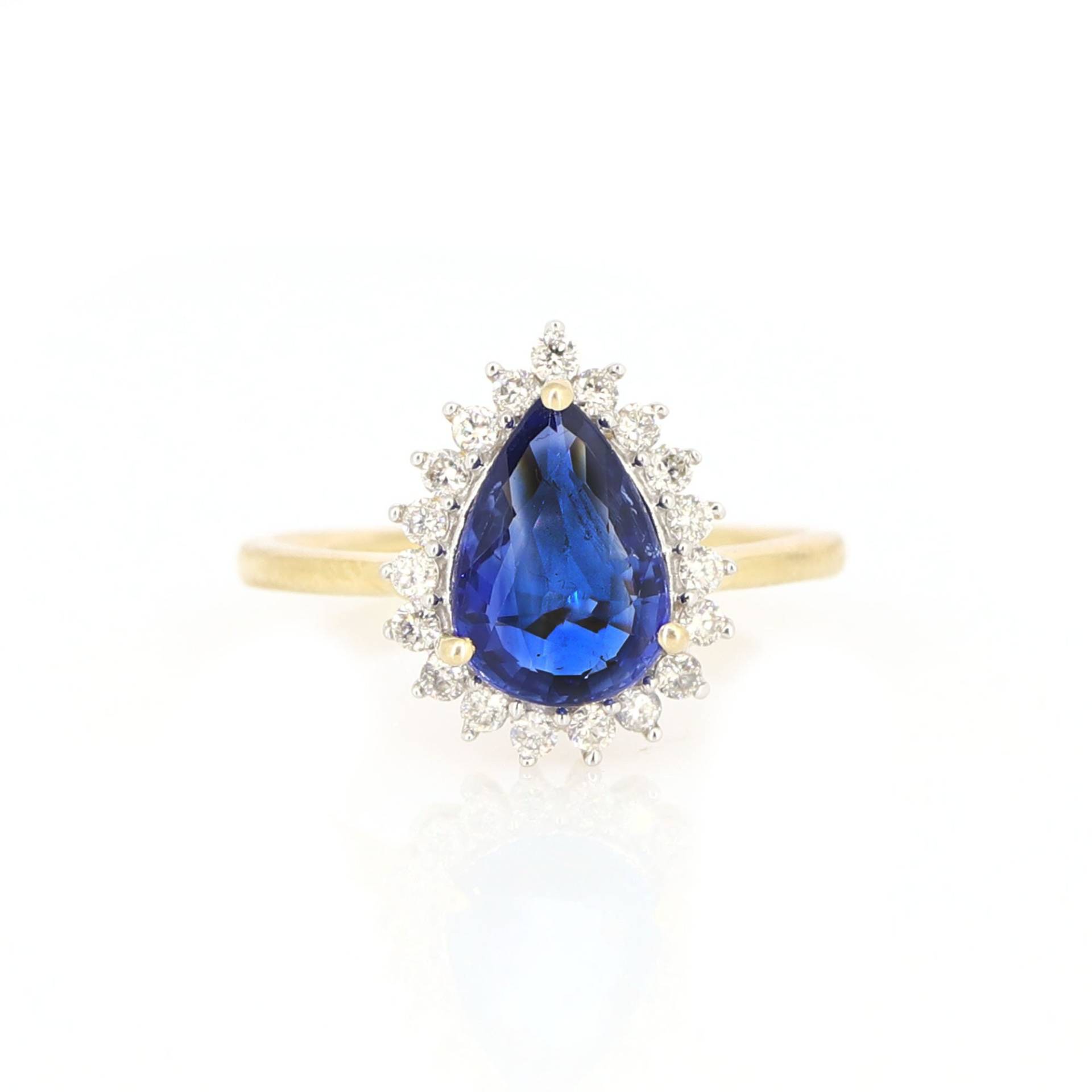 14K Massiver Gelbgold Blau Saphir Diamant Verlobungsring, Vintage Birnenschliff Cluster Ring Braut Ehering, Jahrestag Geschenk von Shubhkrishnajewels