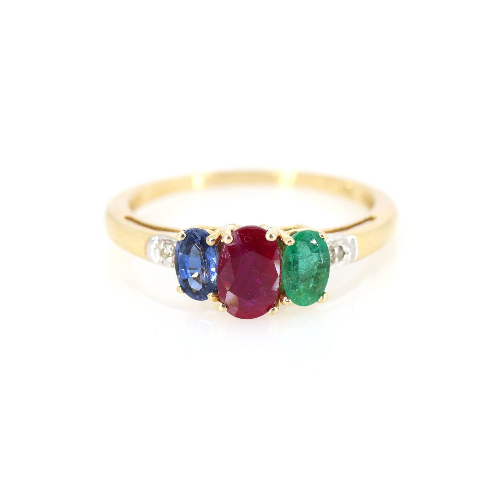 14K Massiver Gelbgold Multi Stein Ring, Bunter Edelstein Natürlicher Rubin Smaragd Blau Saphir & Diamant, Regenbogen Band von Shubhkrishnajewels