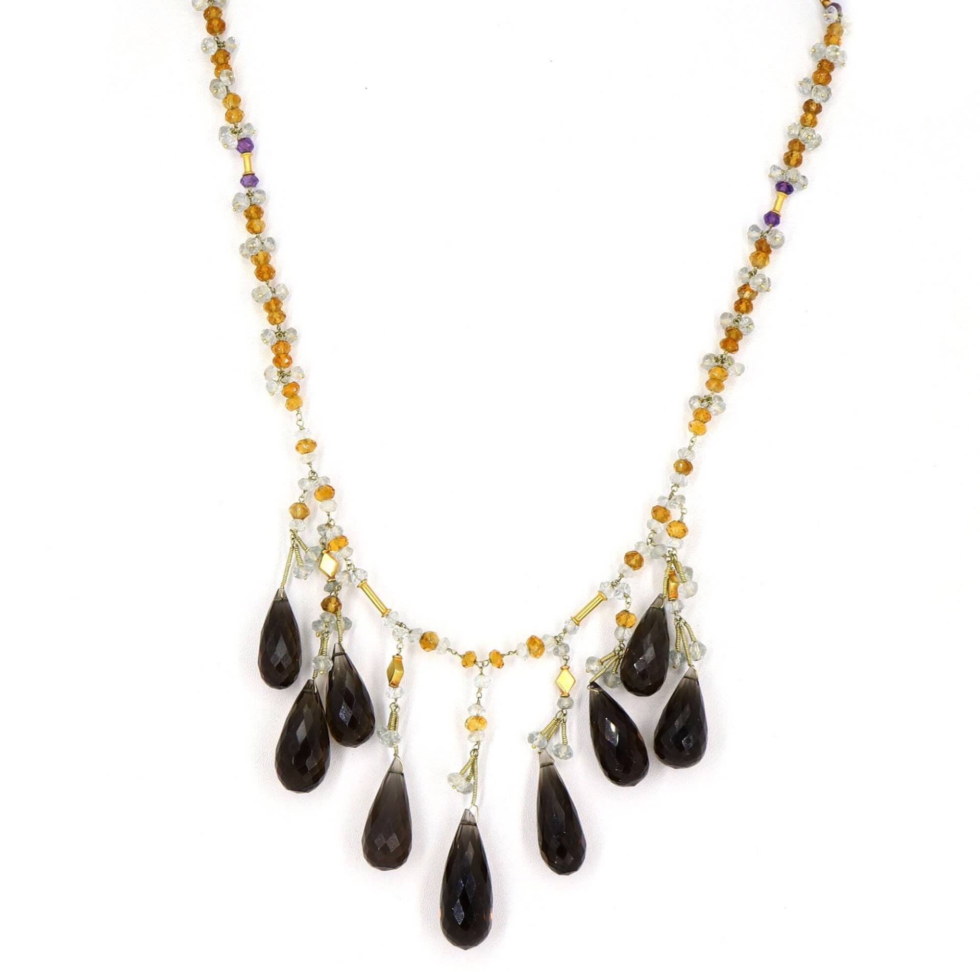Rauchquarz Citrin Aquamarin Lila Amethyst Gold Perlen Halskette, Multi Edelstein 14K Und 18K Gelbgold Mid Century Halskette von Shubhkrishnajewels