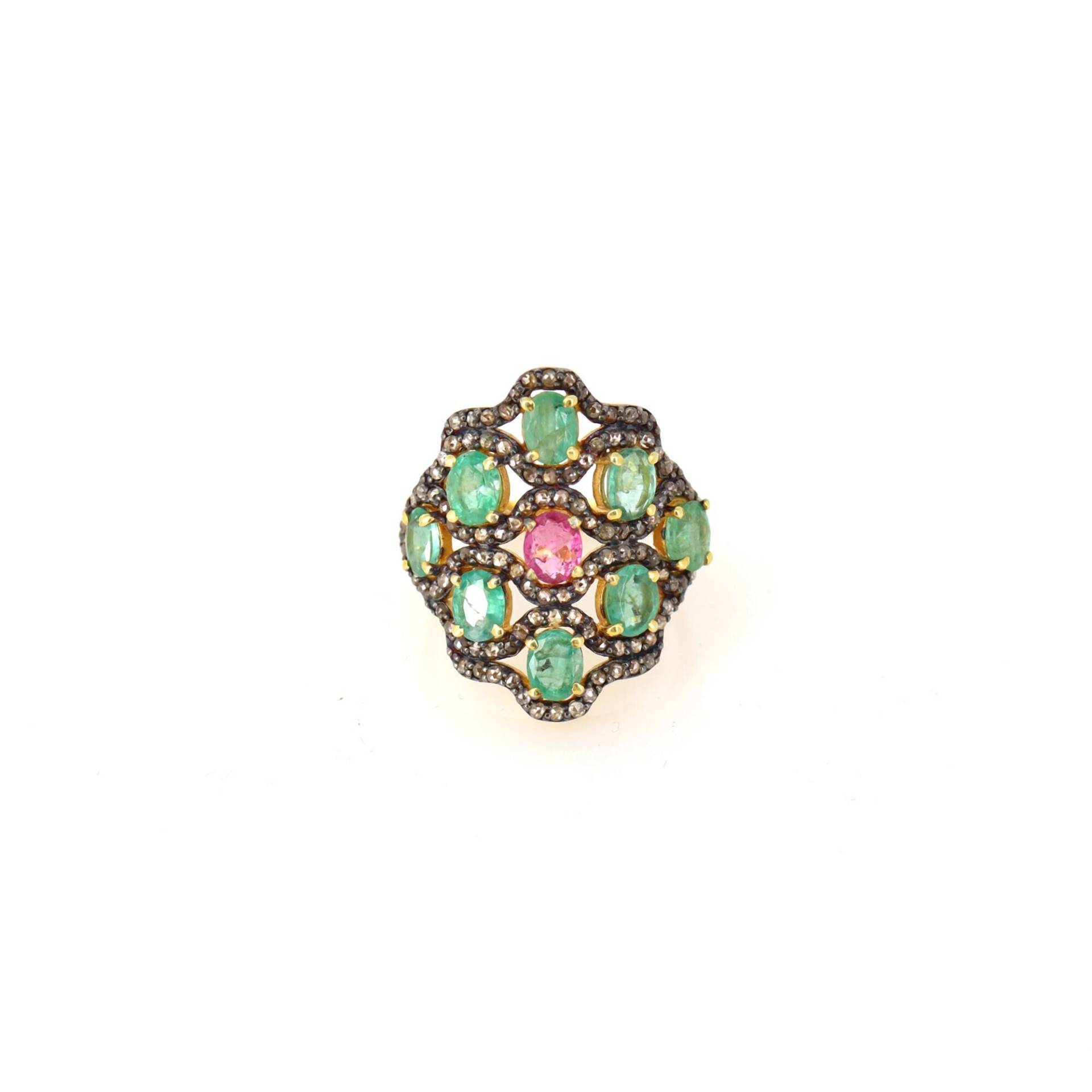 Smaragdrosa Saphir Edelstein Silber Ring, Pave Diamant Damen Schmuck, Mode Ring von Shubhkrishnajewels