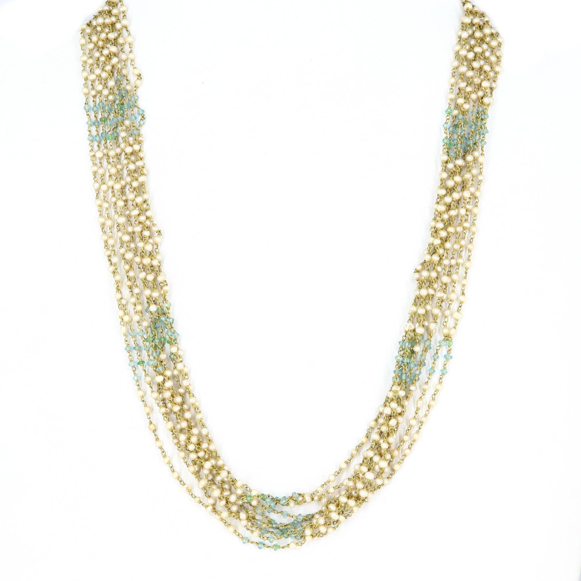 Süßwasserperle Und Natürlicher Aquamarin Halskette, 18K 14K Massive Gelbgold Edelstein Mid Century Perlenkette von Shubhkrishnajewels