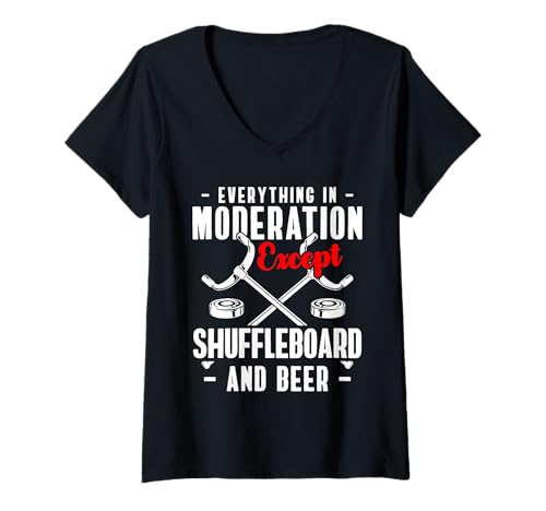 Damen Everything In Moderation Except Shuffleboard Game T-Shirt mit V-Ausschnitt von Shuffleboard Spiel Sportart Design