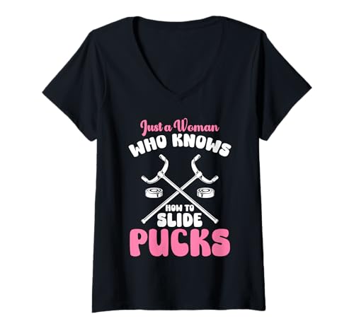 Damen Just A Woman Who Knows How To Slide Picks Shuffleboard T-Shirt mit V-Ausschnitt von Shuffleboard Spiel Sportart Design
