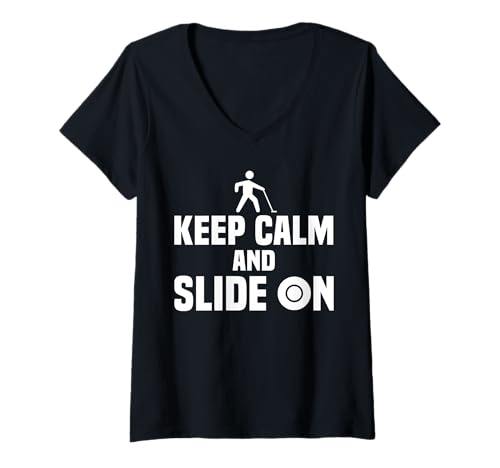 Damen Keep Calm and Slide On Shuffleboard Player T-Shirt mit V-Ausschnitt von Shuffleboard Spiel Sportart Designs Idee
